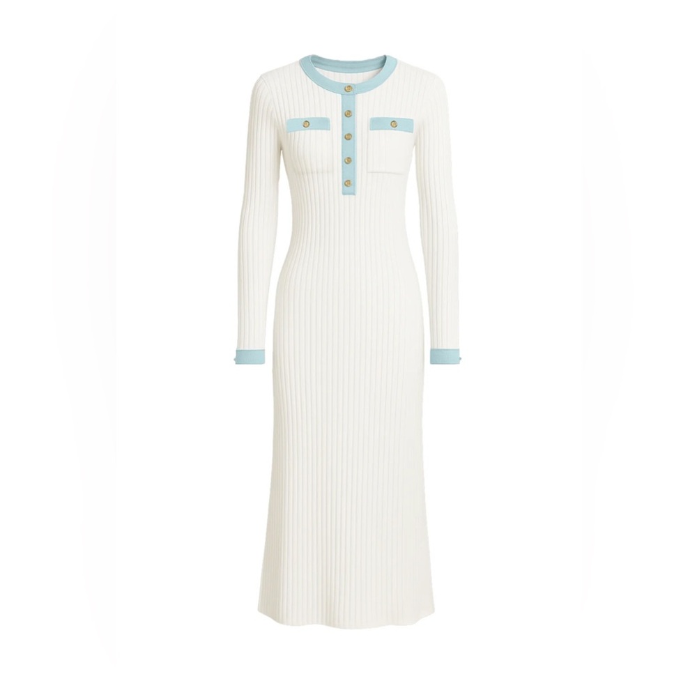 RIVIR MAVEN KNIT LONG SLEEVE DRESS WITH DENIM DETAILS SMT NWT WHITE TREND